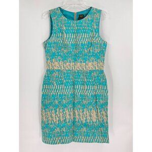 Taylor 10 Bold Aqua/Tan Sleeveless Abstract Print Shift Dress Cutout/Full Zip